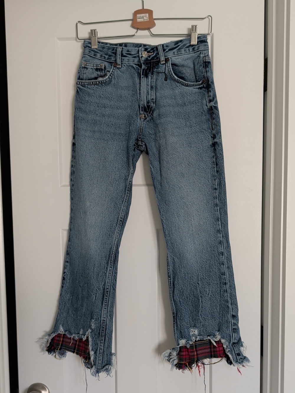 Zara Jeans Plaid Flannel Distressed Hem Jeans 0
